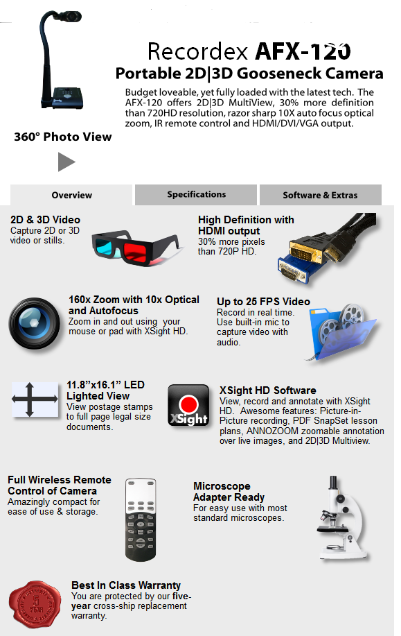 AFX120 PORTABLE 2D/3D GOOSENECK CAMERA AFX120 > DOCUMENT CAMERAS